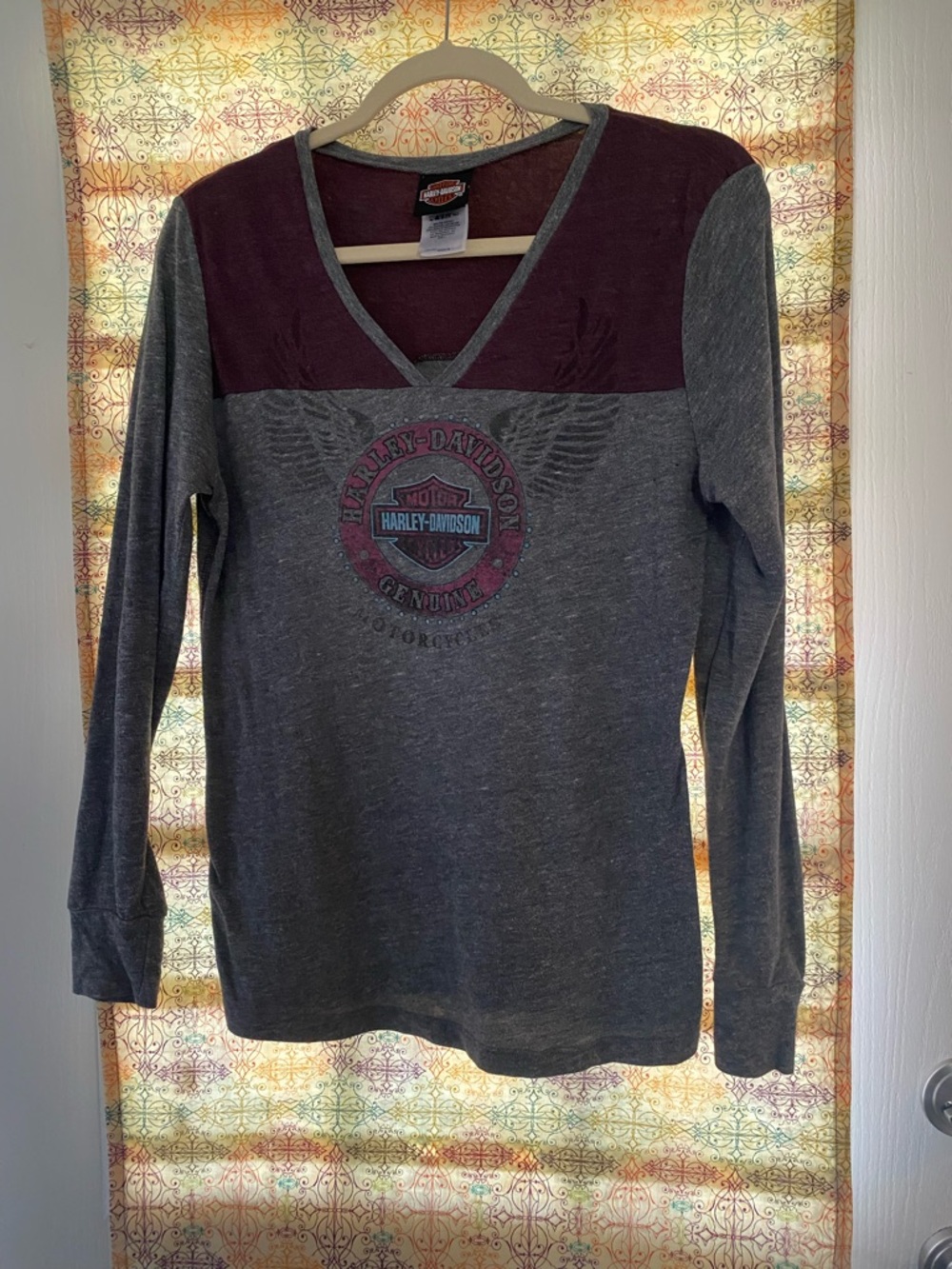 Harley-Davidson Women's Gray and Burgundy V-Neck Long Sleeve Tee